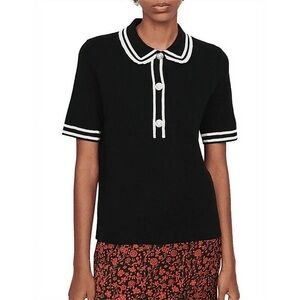 Maje Black and White Collared Wool-blend Sweater Blouse